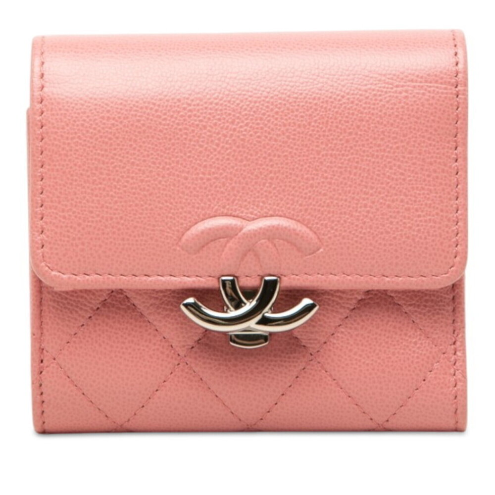 Chanel Matelassé Coco Mark Half Tri-fold Wallet Pink Silver Leather Women's C...
